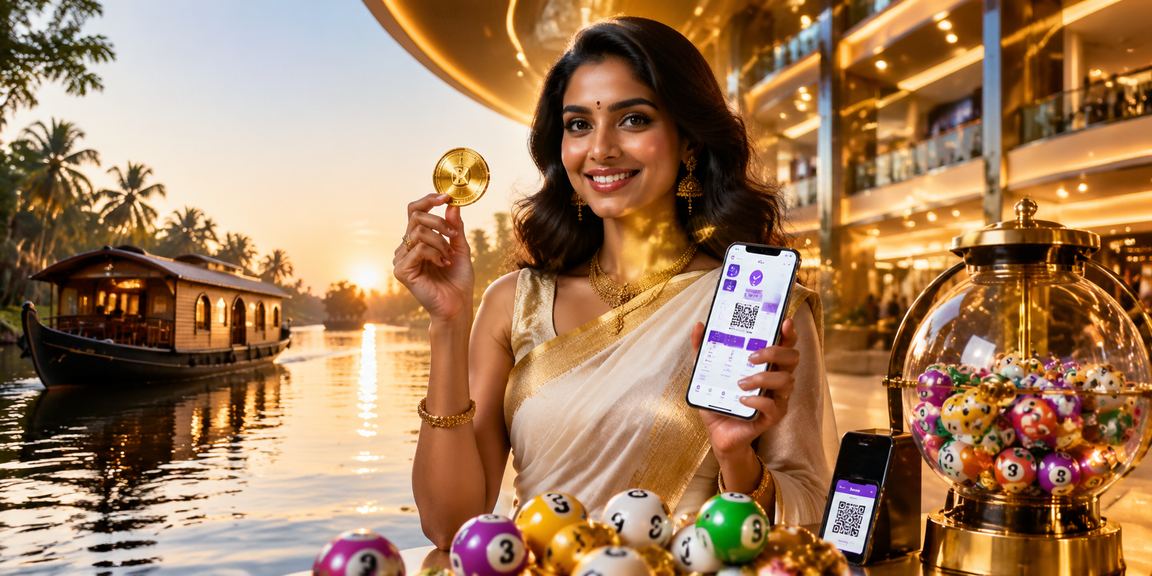 Backwaters in Kerala with digital lottery on mobile device